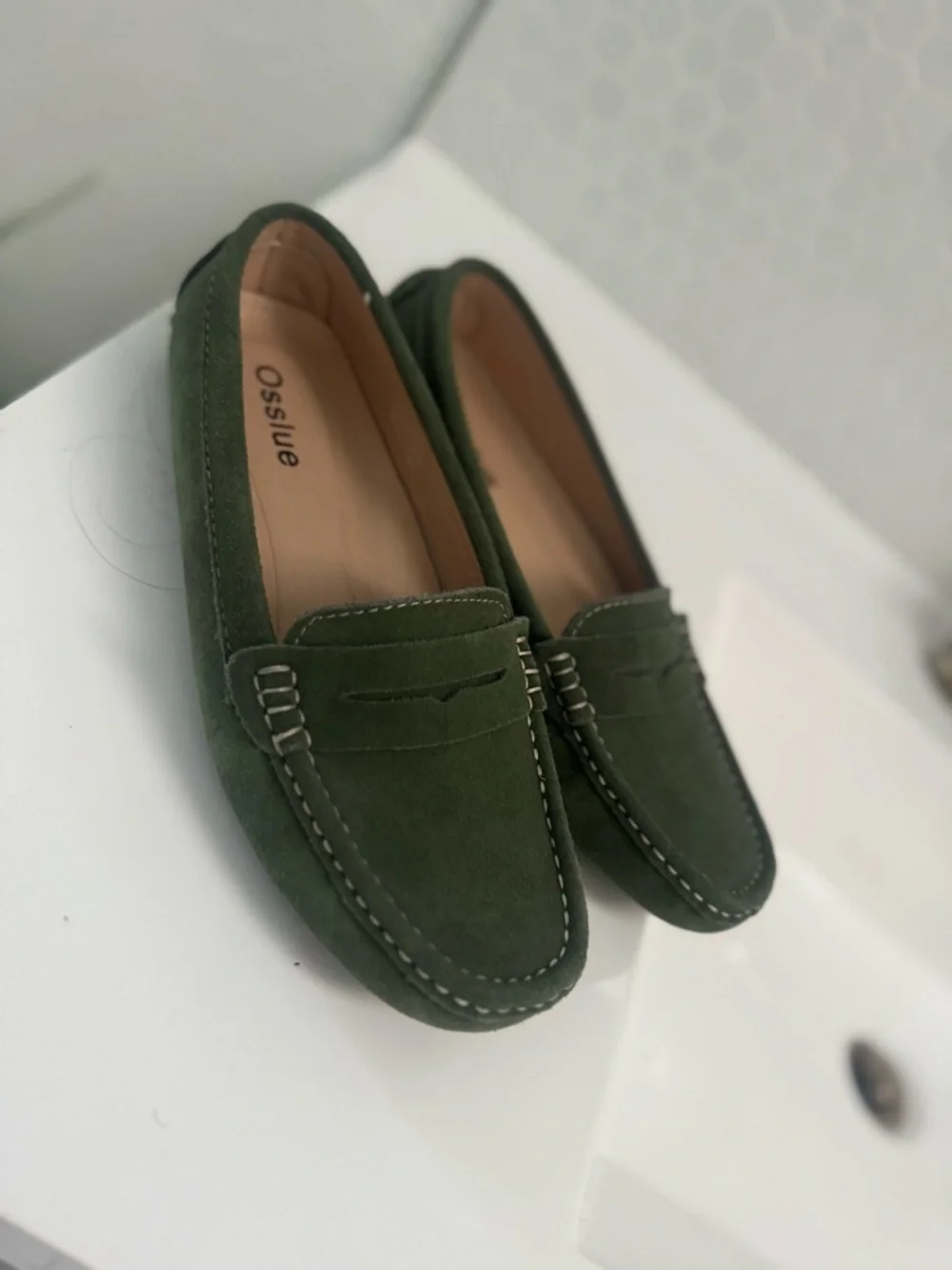 Womens Olive Suede Penny Loafers - Slip-On Comfort